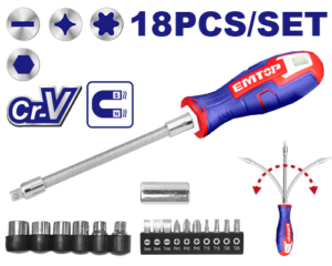 JEU 12 TOURNEVIS+EMBOUTS FLEX EMTOP ESSTFL1802